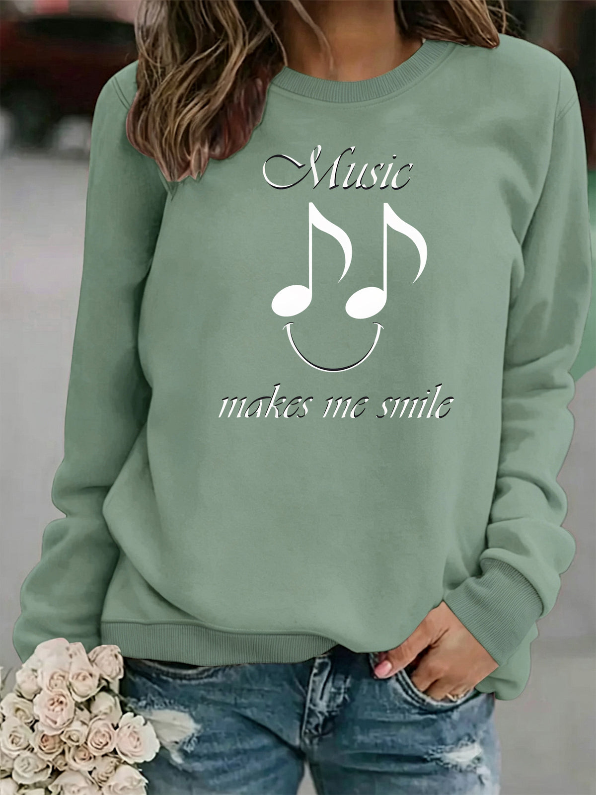 Printed round neck fleece hoodie for women