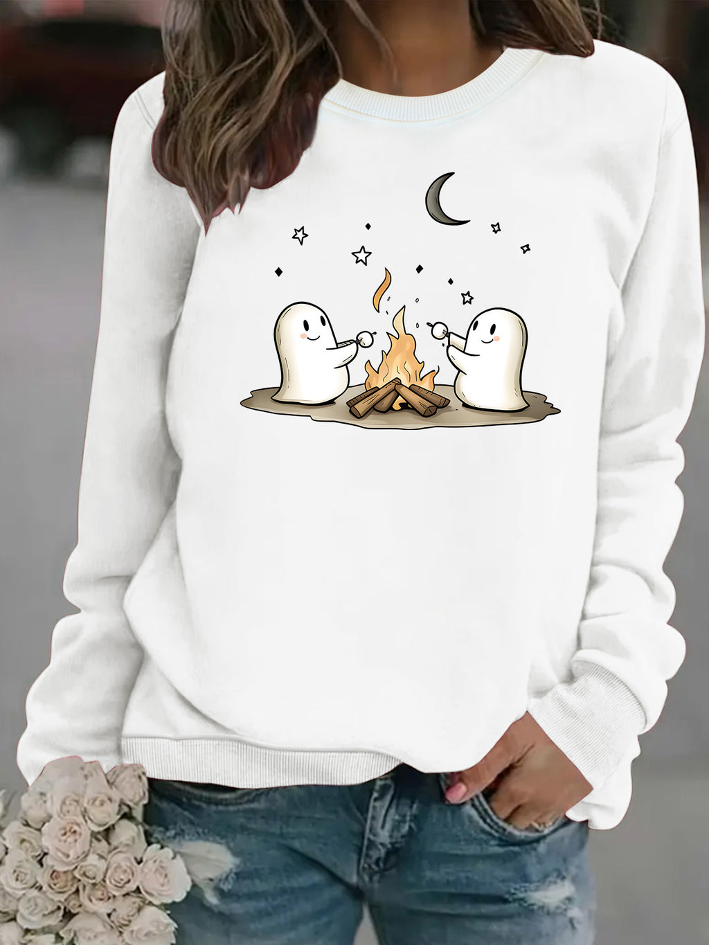 Printed round neck fleece hoodie