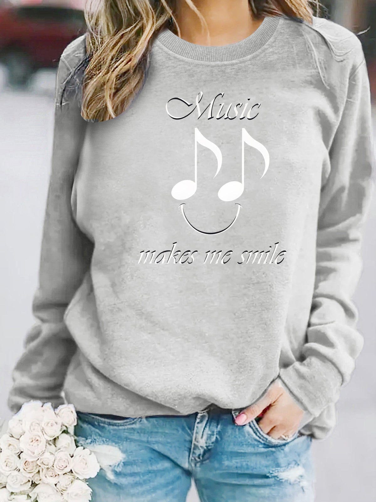 Printed round neck fleece hoodie for women