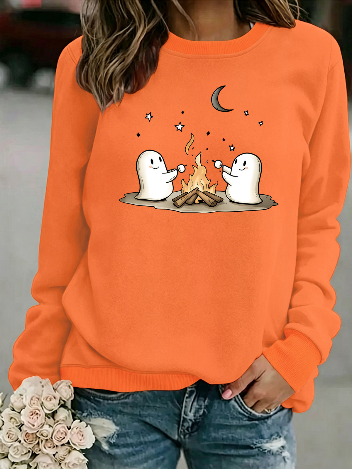 Printed round neck fleece hoodie