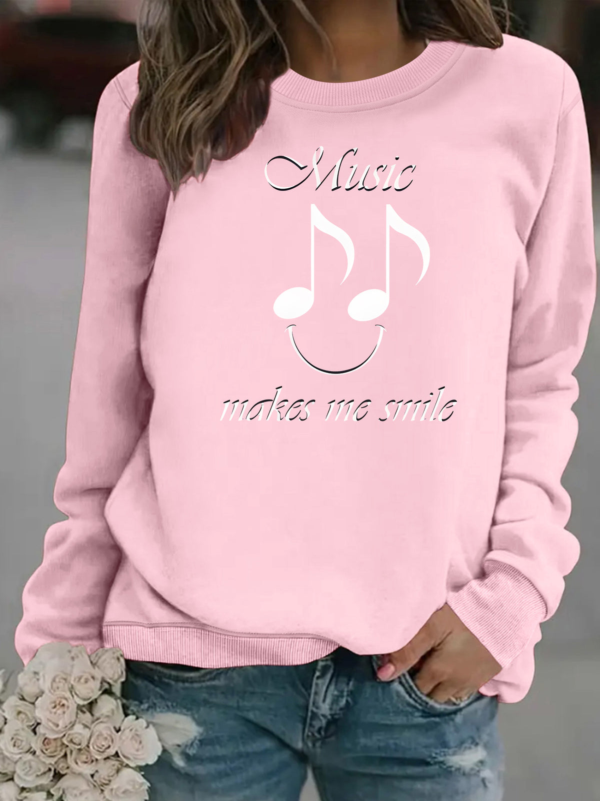 Printed round neck fleece hoodie for women