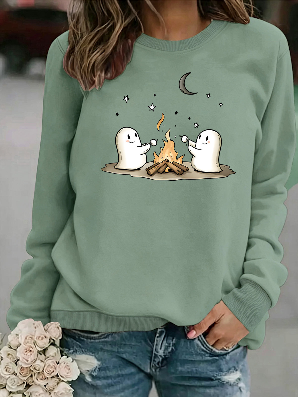 Printed round neck fleece hoodie
