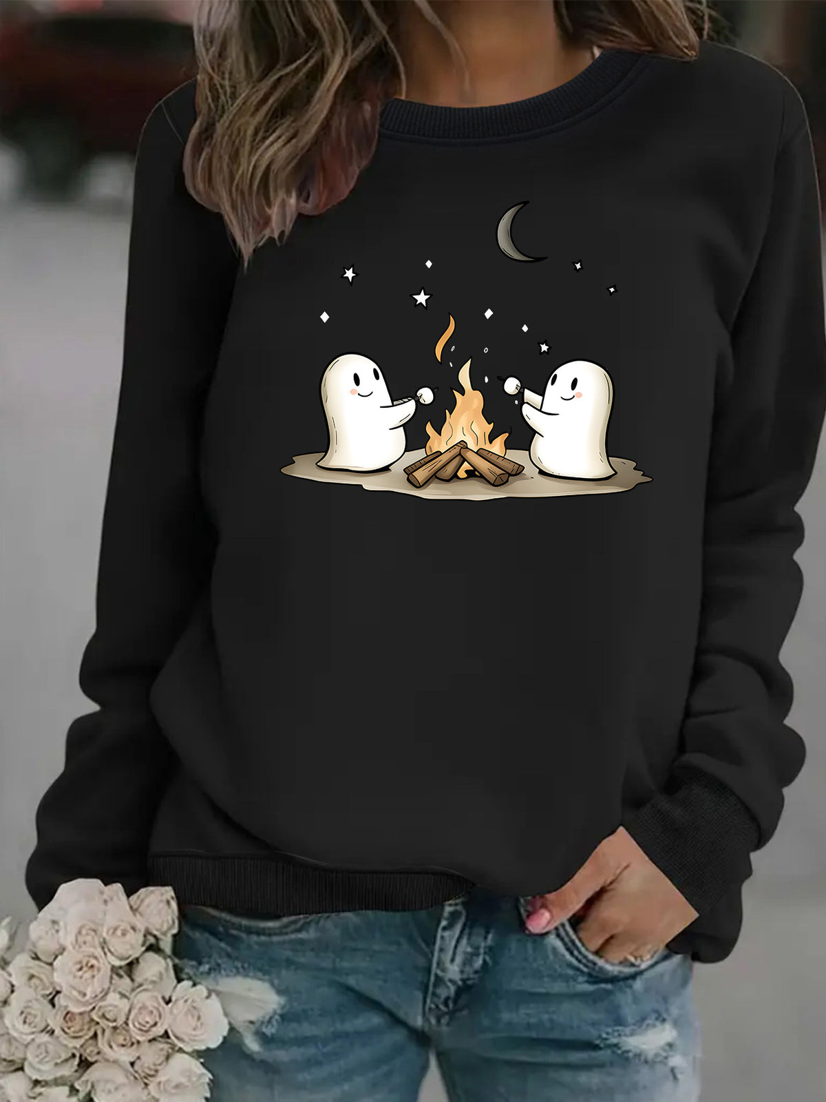 Printed round neck fleece hoodie