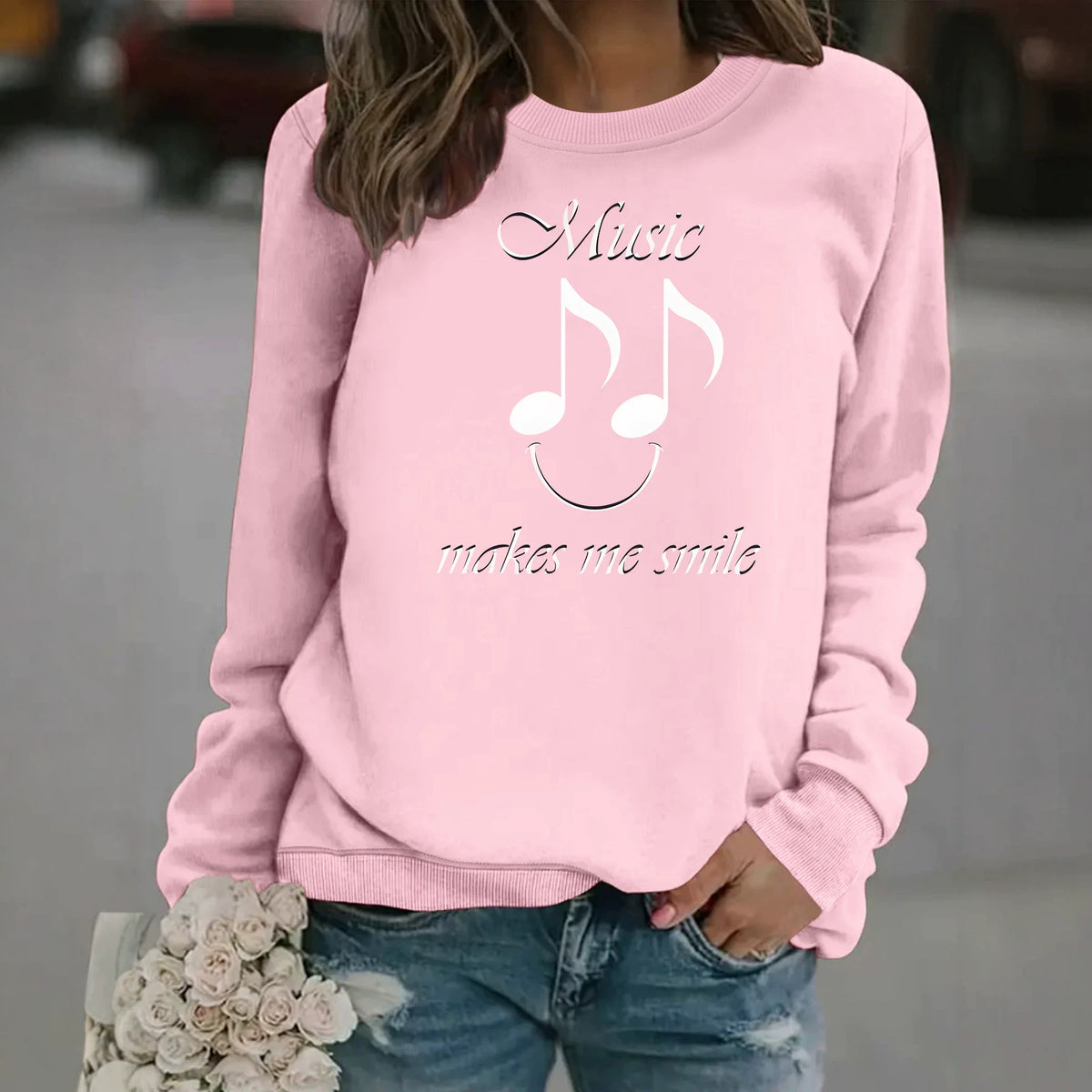 Printed round neck fleece hoodie for women