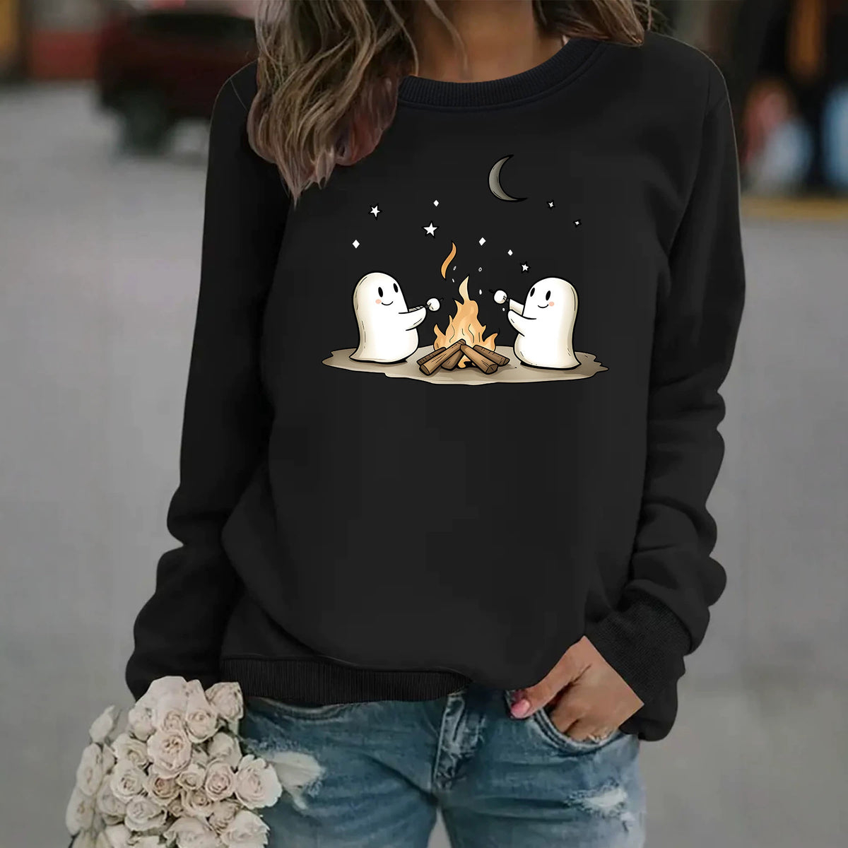 Printed round neck fleece hoodie